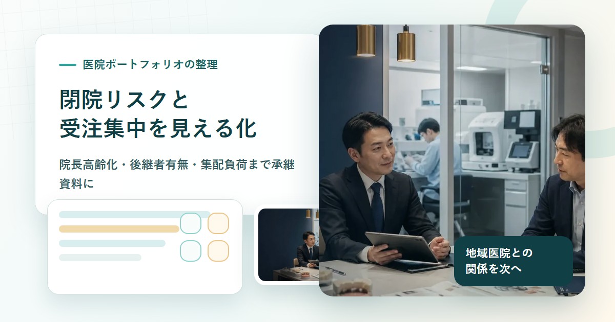 歯科技工所M&Aで取引歯科医院の年齢構成と受注集中を確認する場面