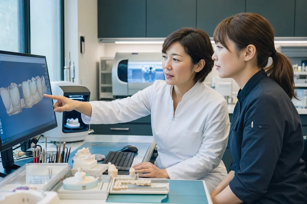 歯科技工士がCAD/CAM画面を見ながら技術と工程を引き継ぐイメージ