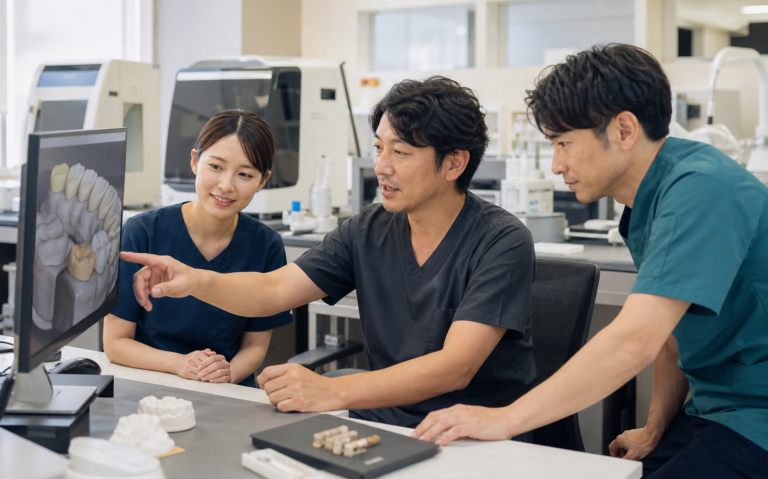 歯科技工士のチームがCAD/CAM画面を見ながら技工工程を確認する様子