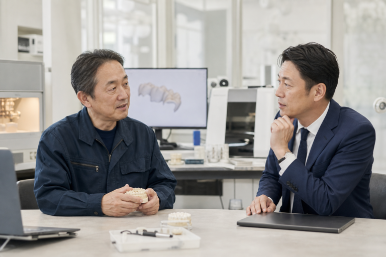 歯科技工所の経営者とM&A担当者がラボ内で事業承継について相談する様子