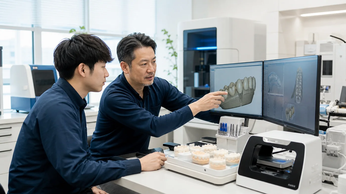 歯科技工所でCAD/CAMによる歯冠設計と製造工程を確認する歯科技工士