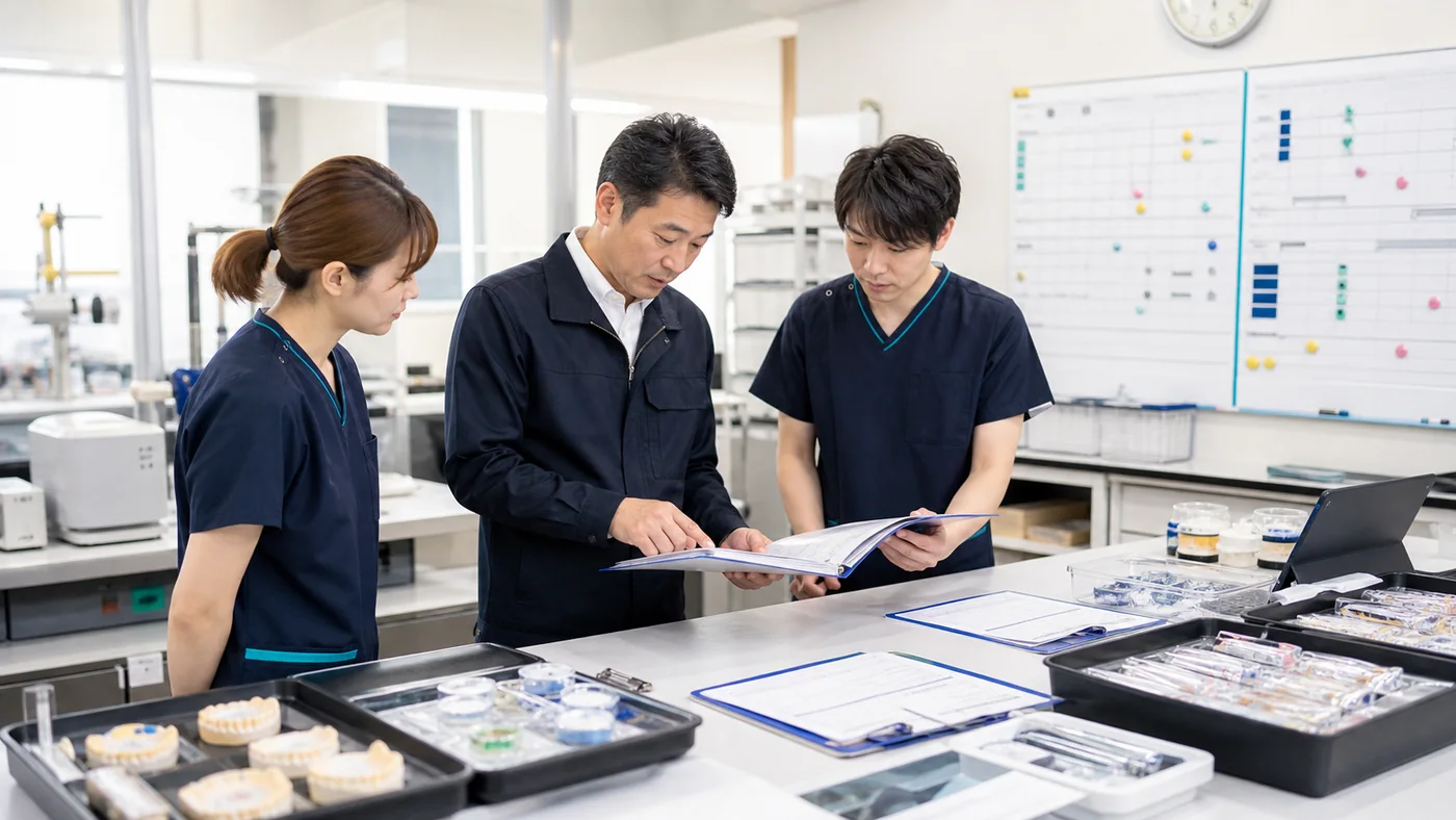 歯科技工所で品質記録、製作日程、設備台帳を確認する経営者とスタッフ