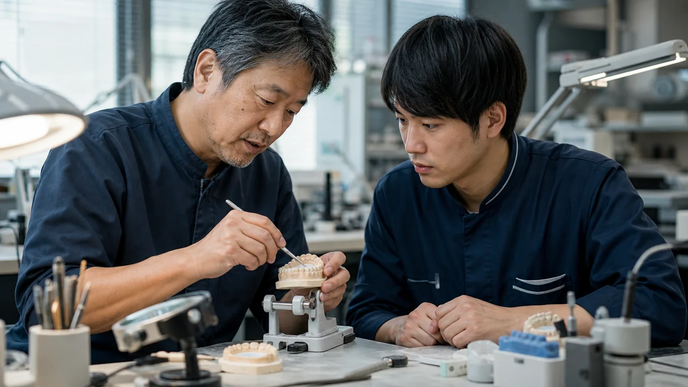 歯科技工所で歯冠模型の適合と仕上げを引き継ぐ歯科技工士