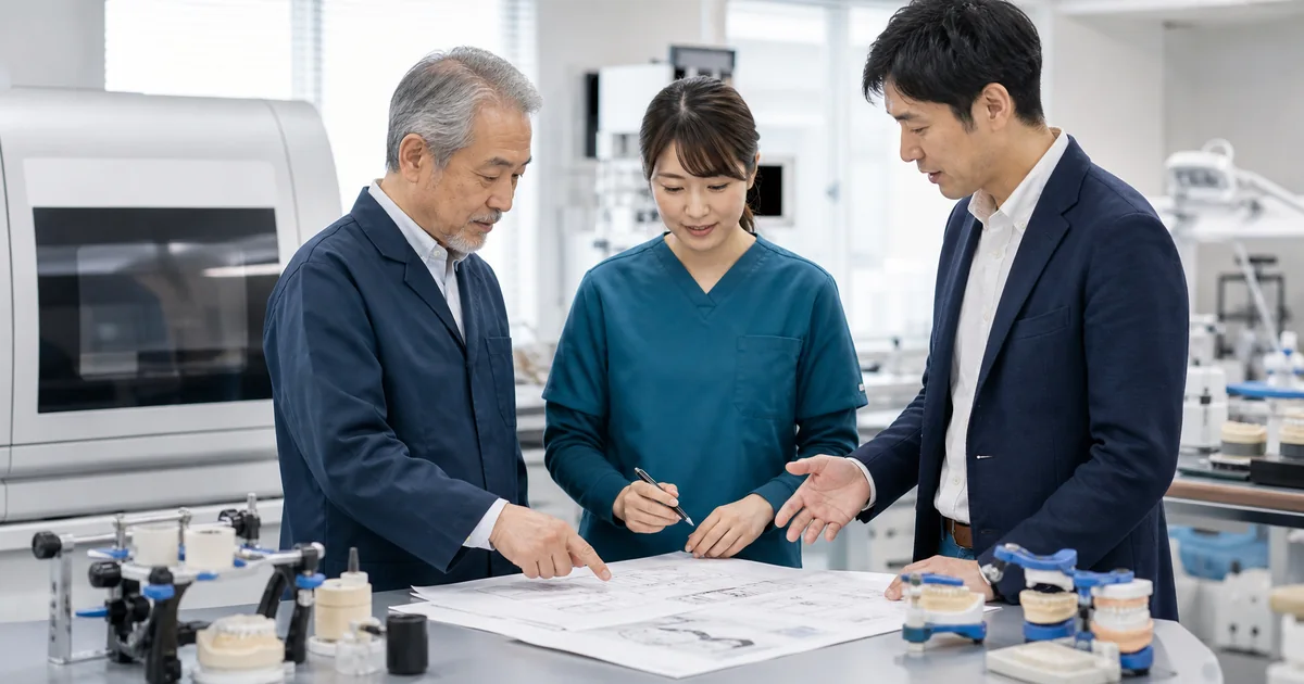 歯科技工所で設備と業務の承継計画を確認する経営者、後継者、M&Aアドバイザー